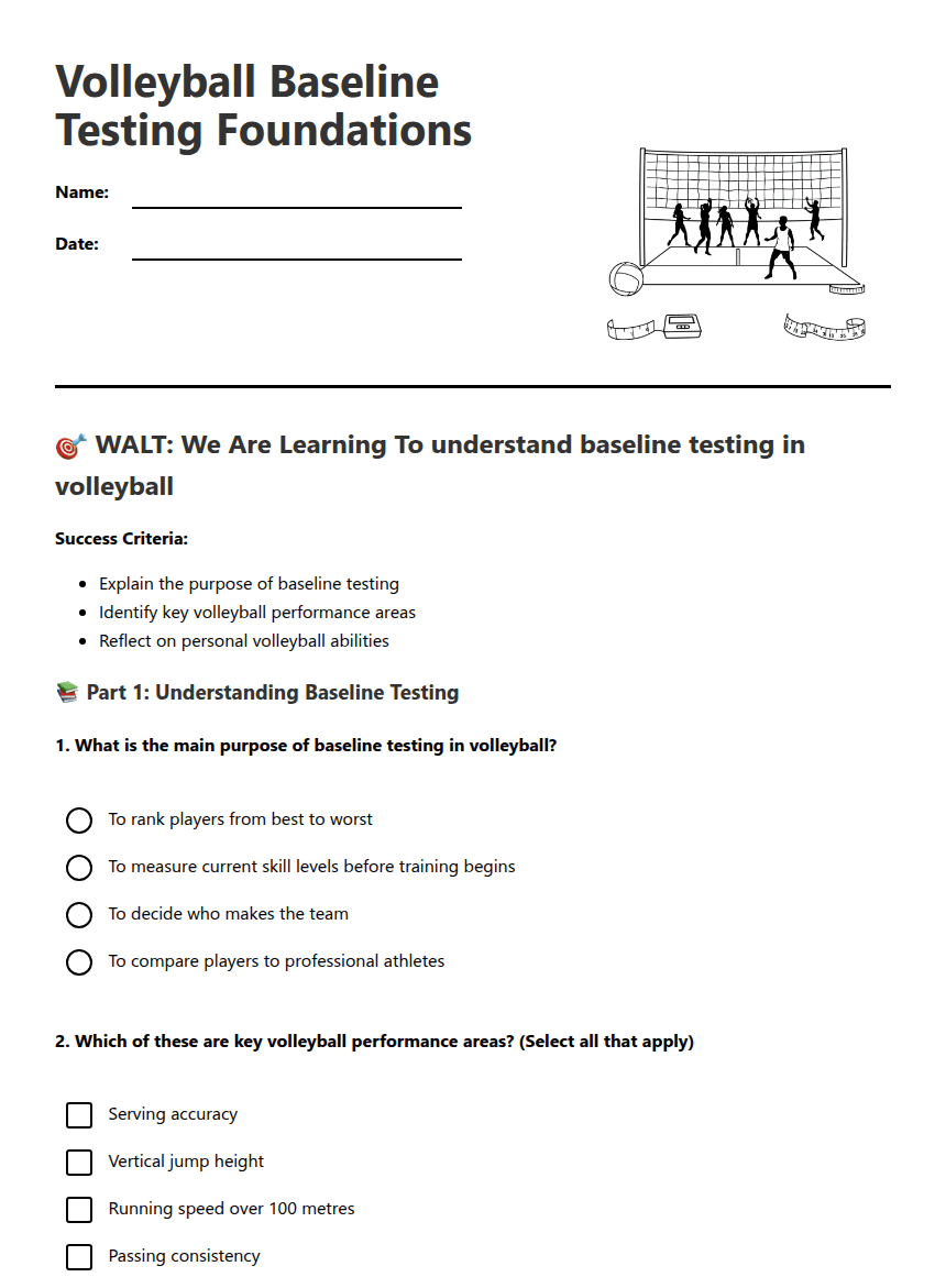 Volleyball Baseline Testing Foundations worksheet preview
