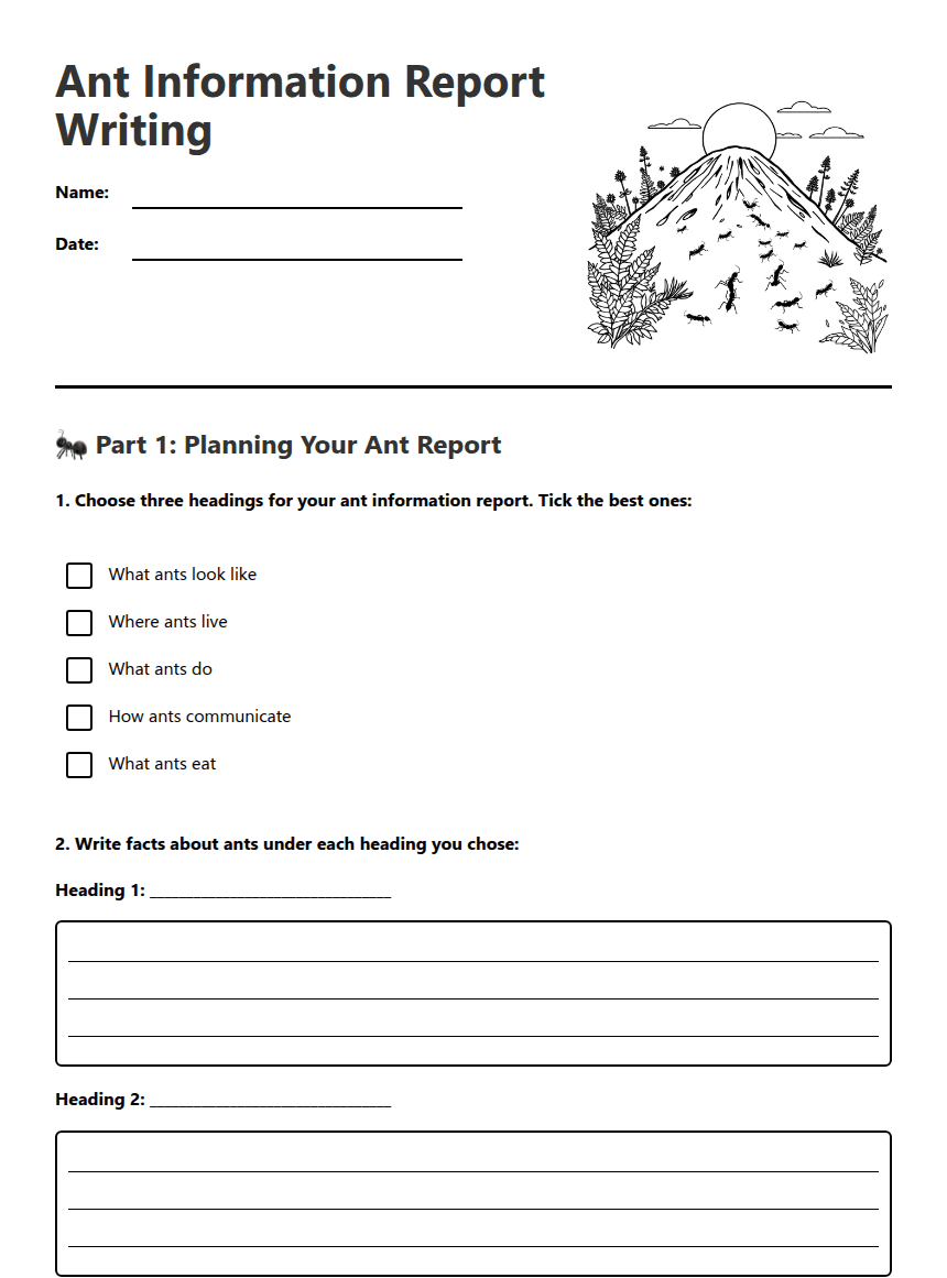Ant Information Report Writing worksheet preview