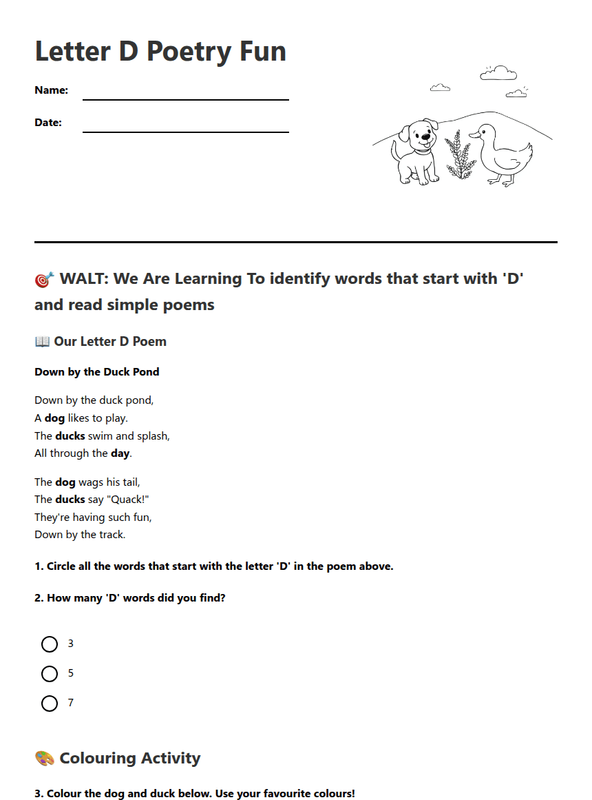 Letter D Poetry Fun worksheet preview