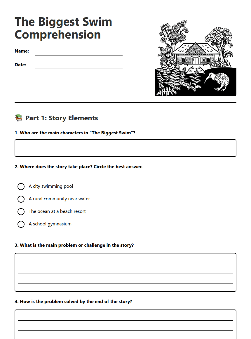 The Biggest Swim Comprehension worksheet preview