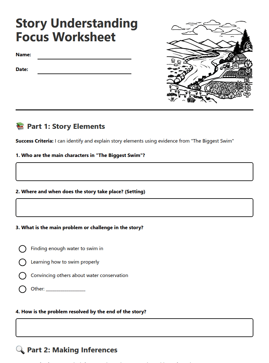 Story Understanding Focus Worksheet worksheet preview