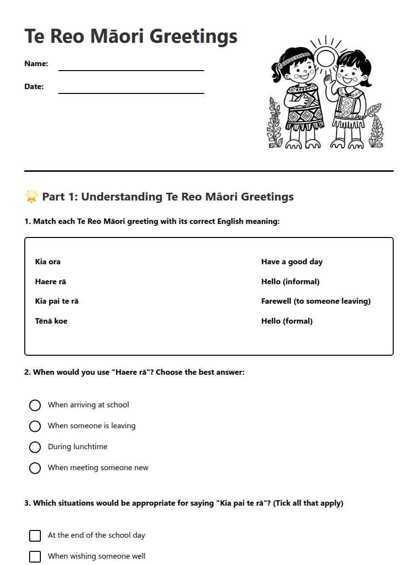 Te Reo Māori Greetings worksheet preview