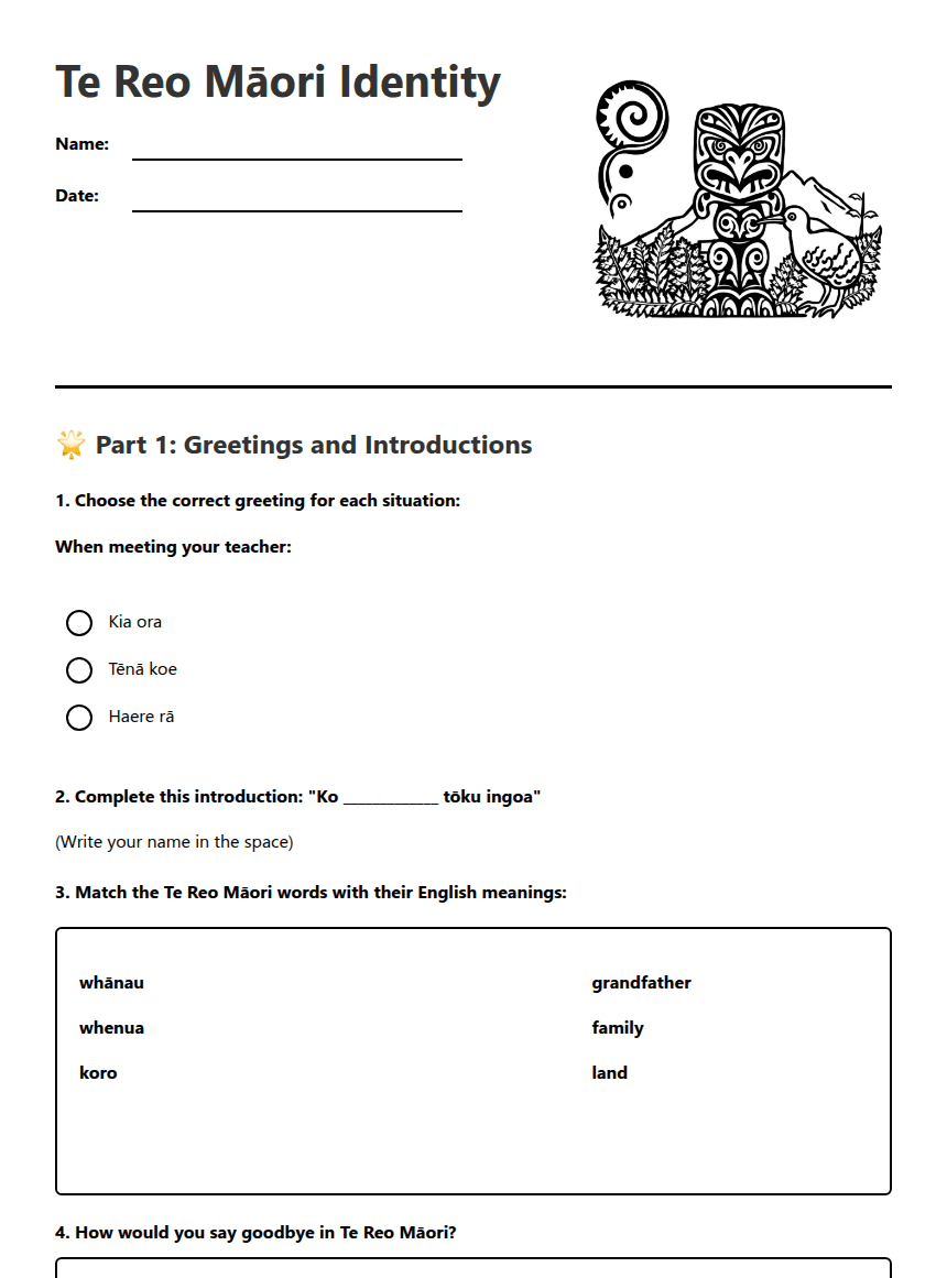 Te Reo Māori Identity worksheet preview