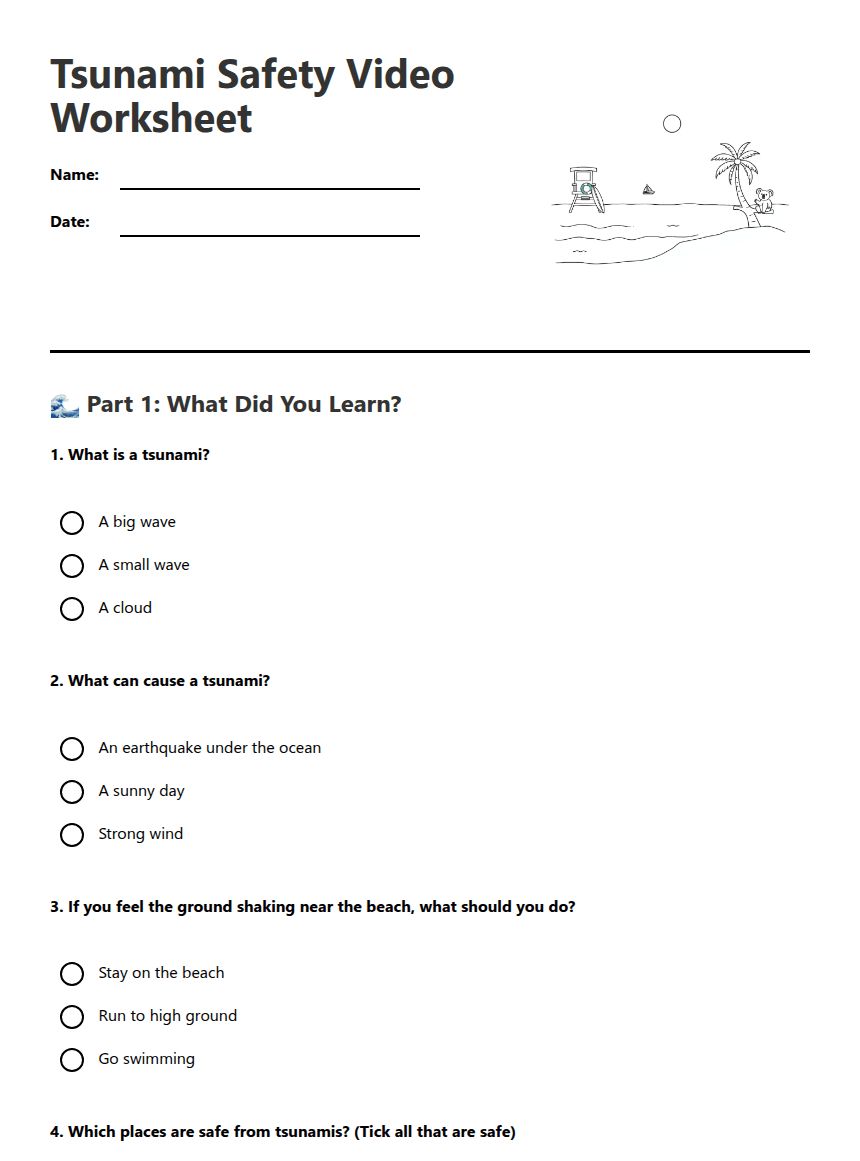 Tsunami Safety Video Worksheet worksheet preview