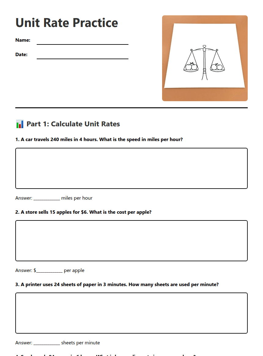 Unit Rate Practice worksheet preview