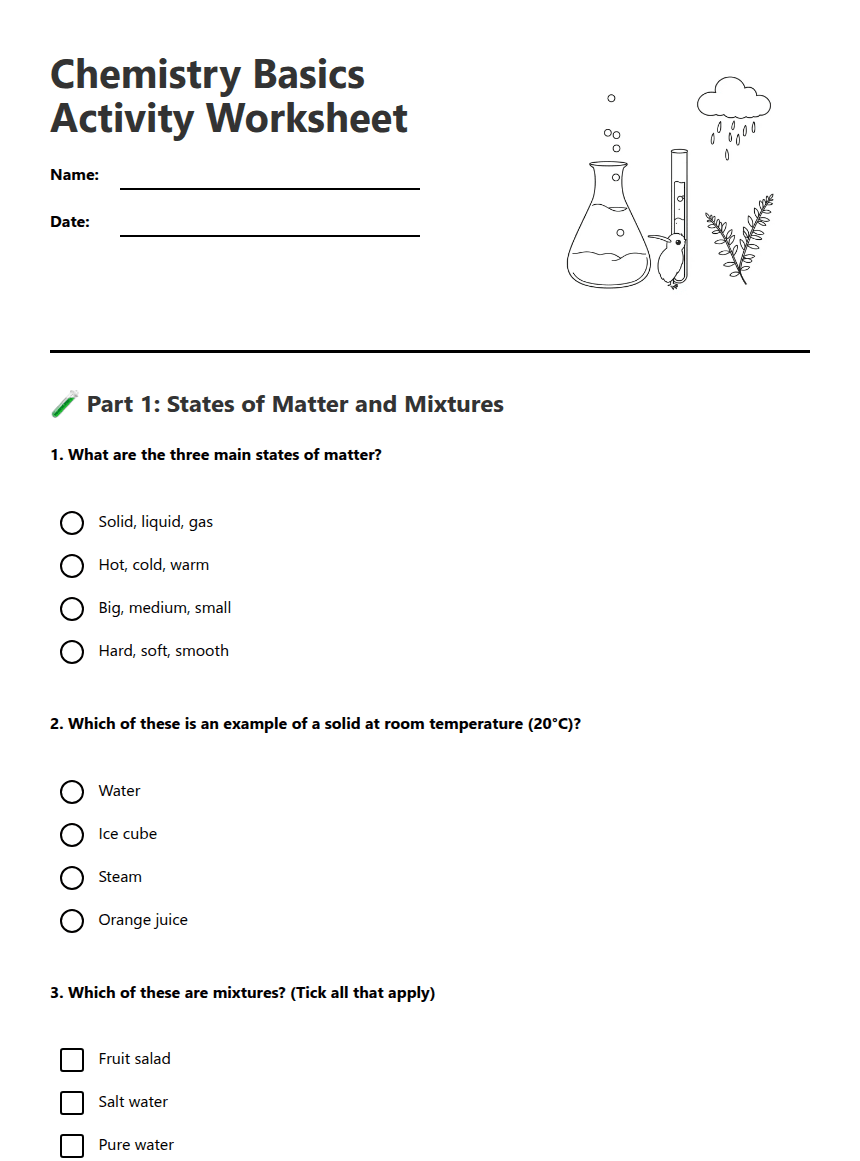 Chemistry Basics Activity Worksheet worksheet preview
