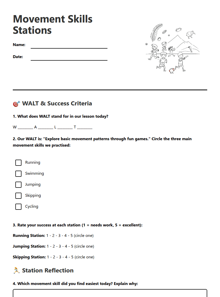 Movement Skills Stations worksheet preview
