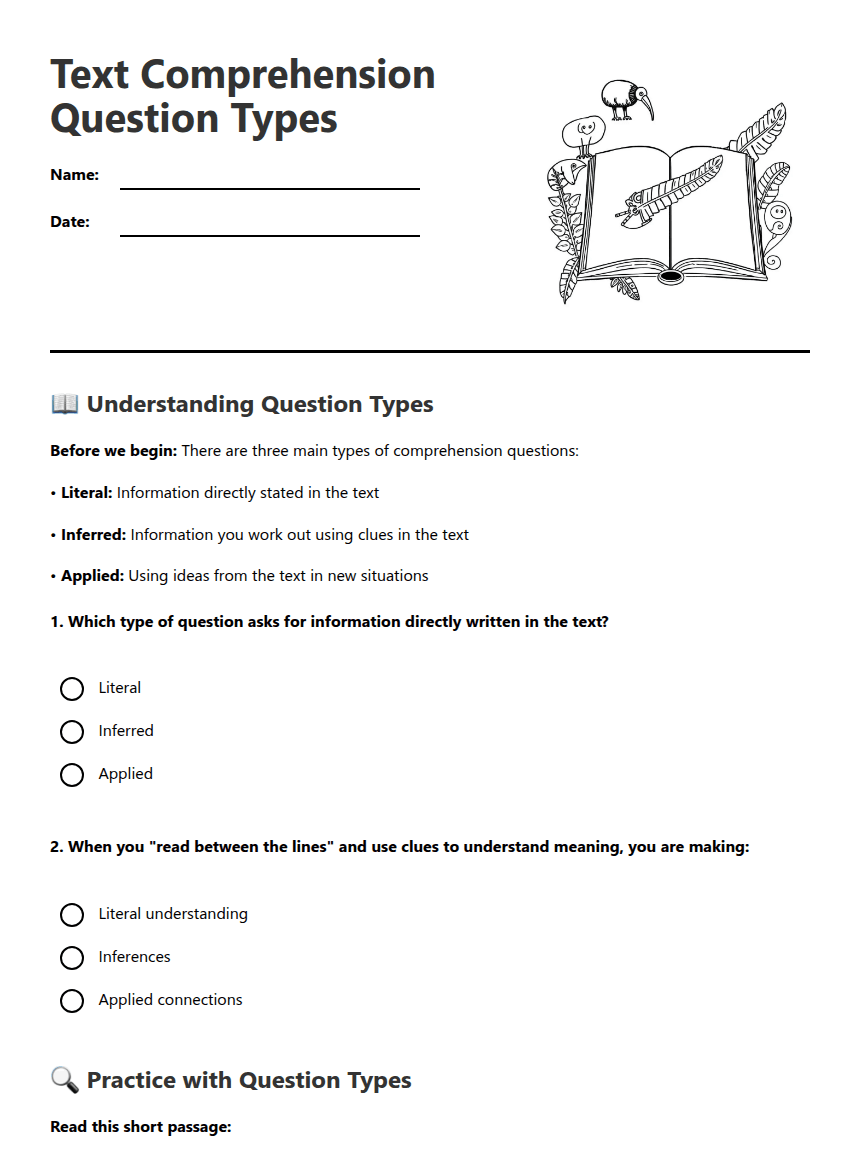 Text Comprehension Question Types worksheet preview