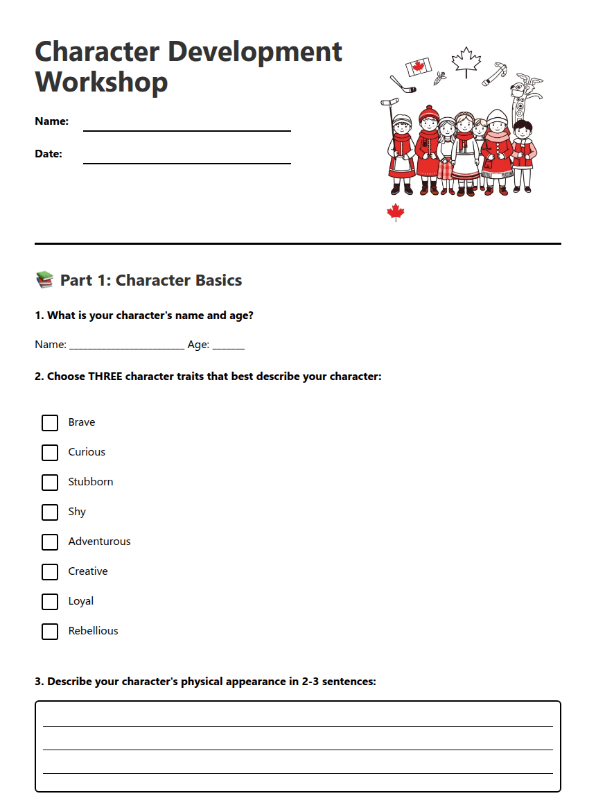 Character Development Workshop worksheet preview