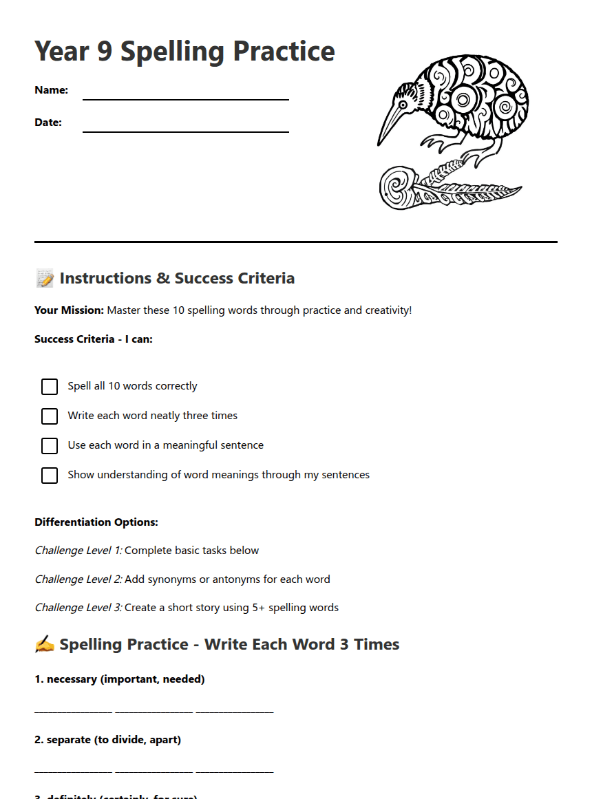 Year 9 Spelling Practice worksheet preview