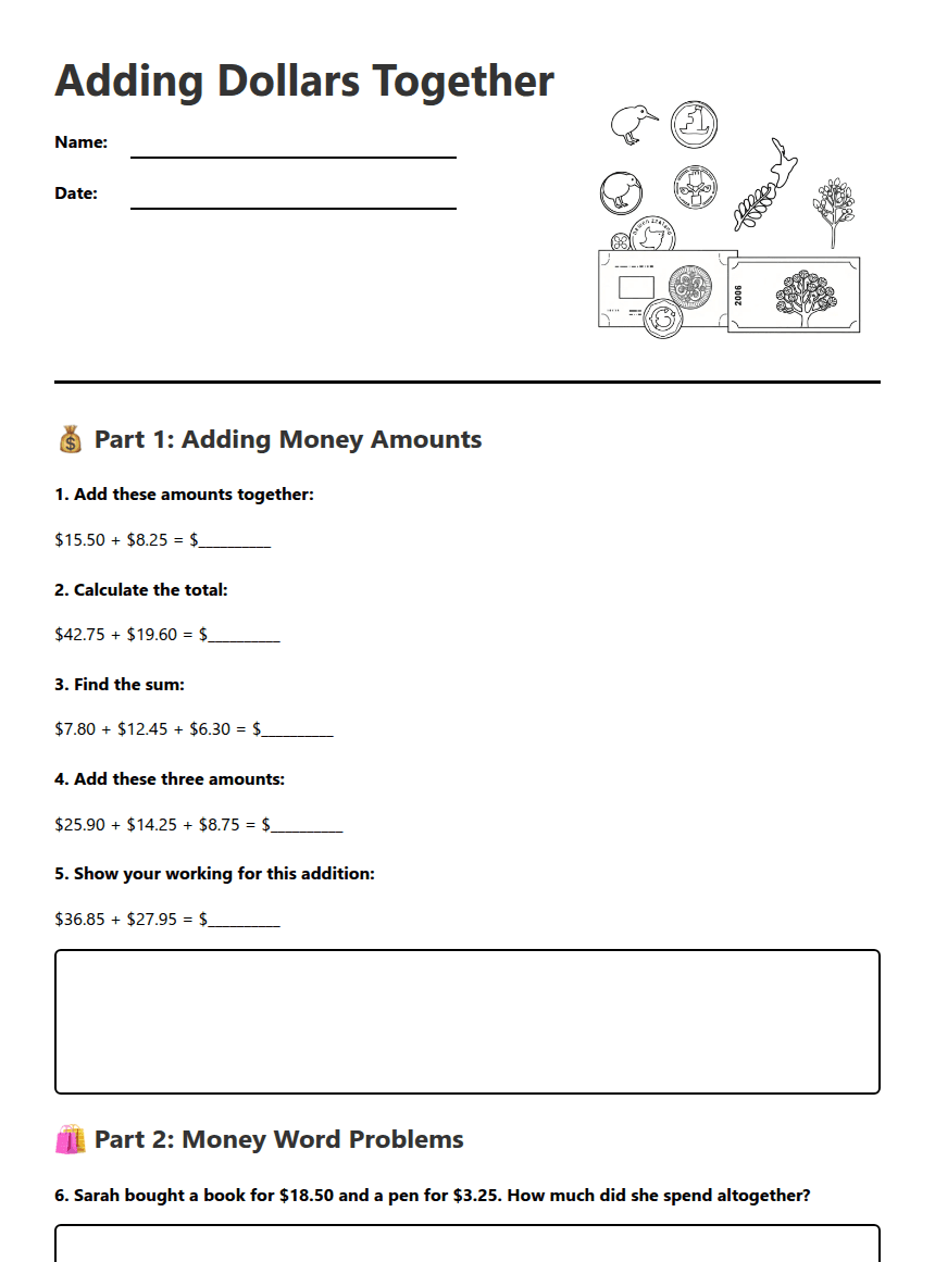 Adding Dollars Together worksheet preview