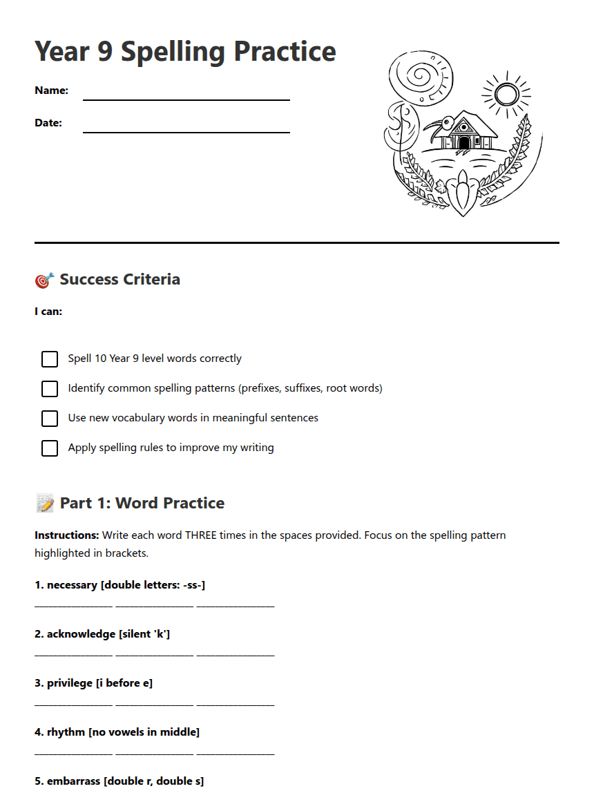 Year 9 Spelling Practice worksheet preview
