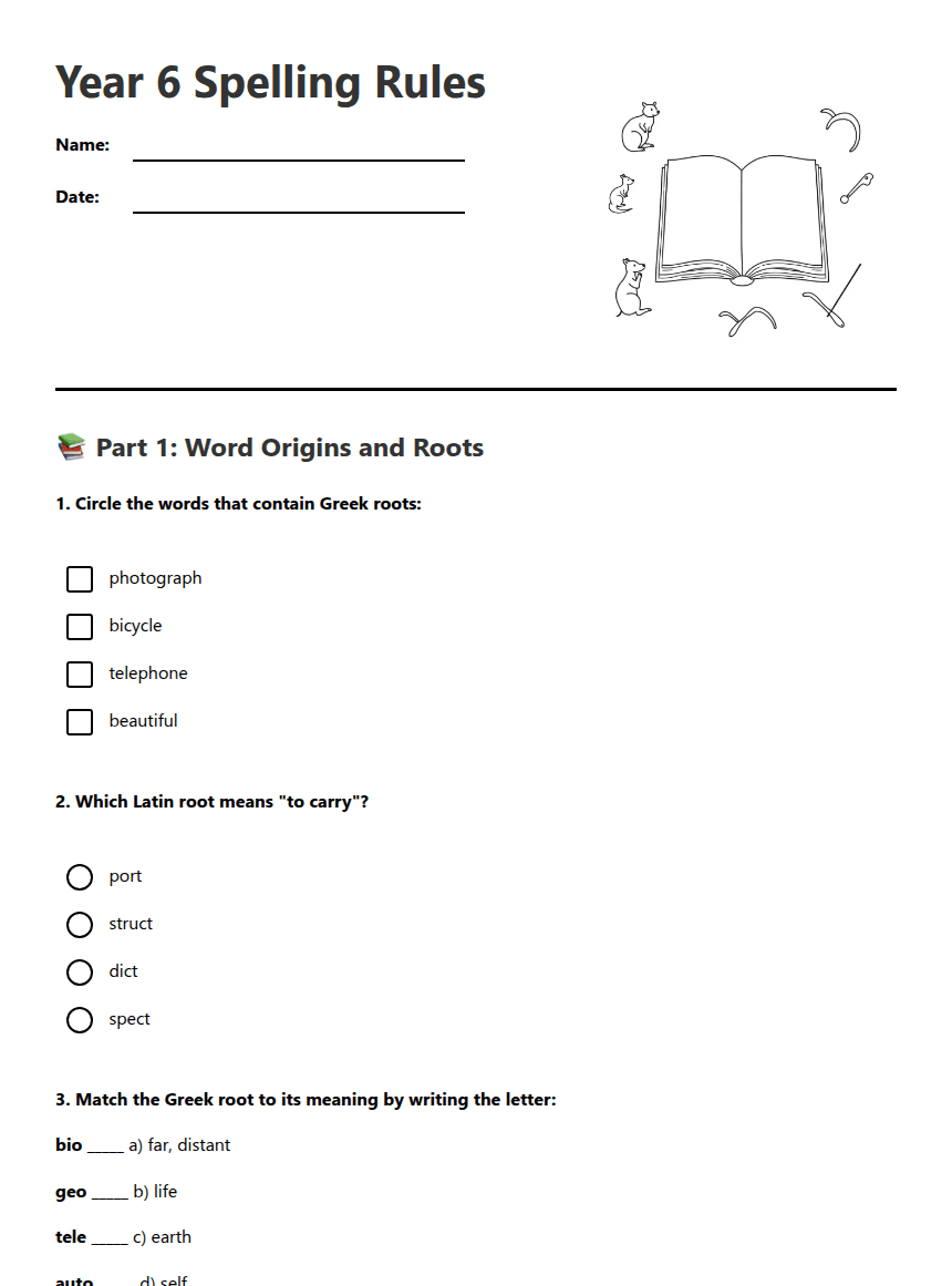 Year 6 Spelling Rules worksheet preview