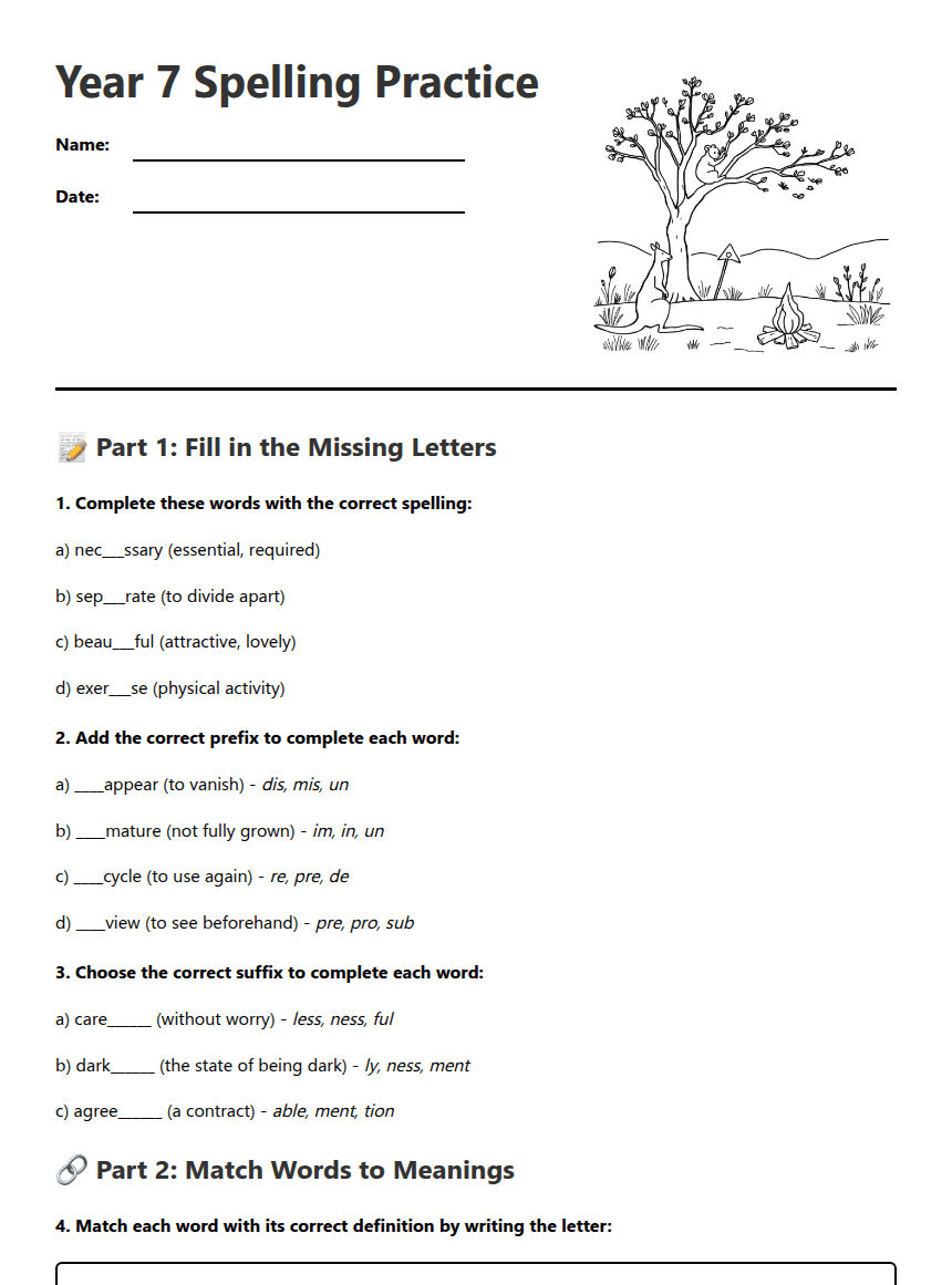 Year 7 Spelling Practice worksheet preview