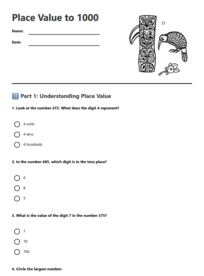Place Value to 1000 worksheet preview