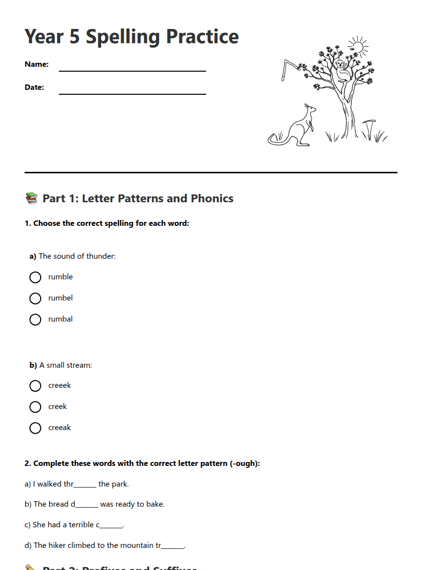 Year 5 Spelling Practice worksheet preview