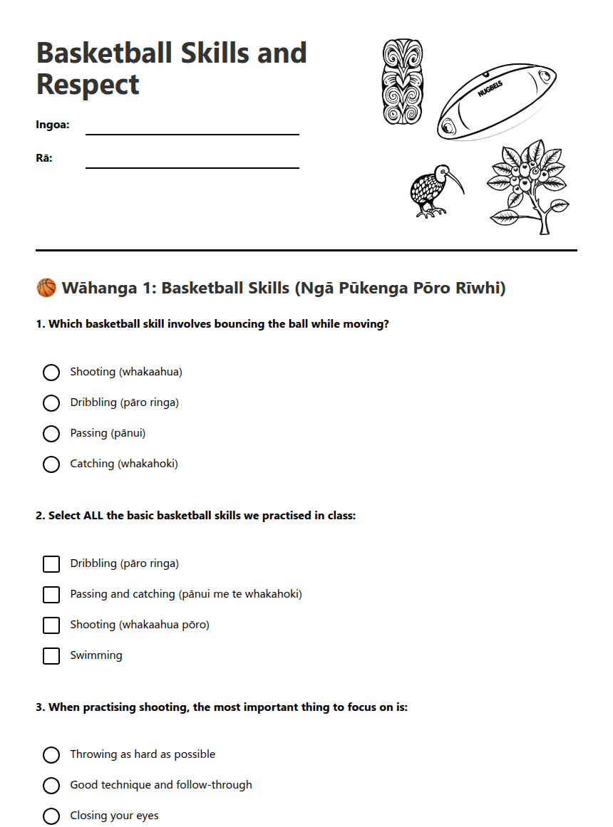 Basketball Skills and Respect worksheet preview