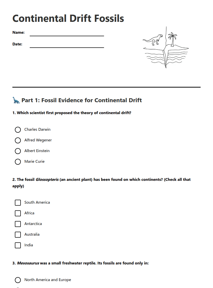 Continental Drift Fossils worksheet preview