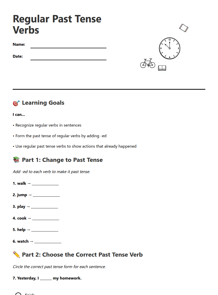 Regular Past Tense Verbs worksheet preview