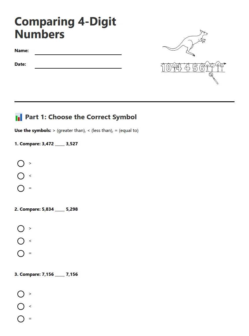 Comparing 4-Digit Numbers worksheet preview