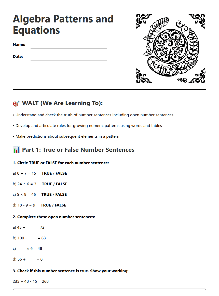Algebra Patterns and Equations worksheet preview