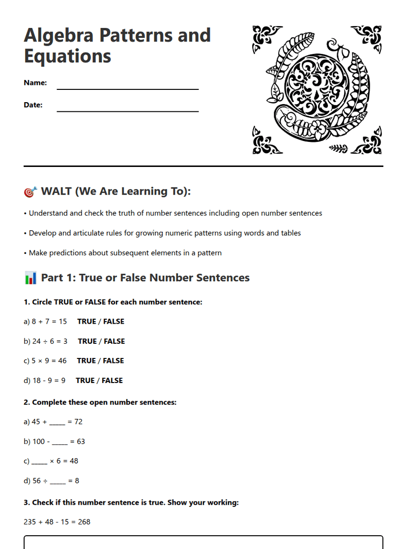 Algebra Patterns and Equations