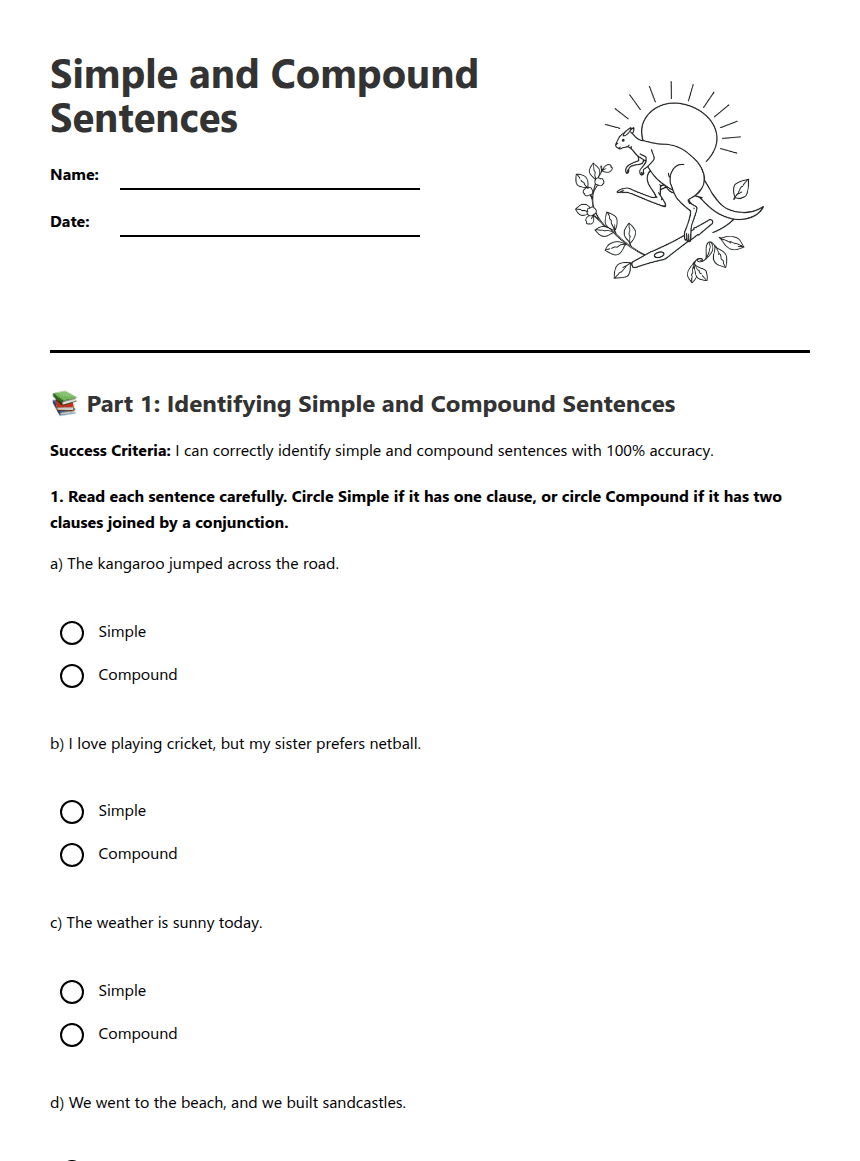 Simple and Compound Sentences worksheet preview