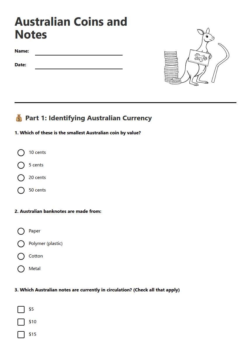 Australian Coins and Notes worksheet preview