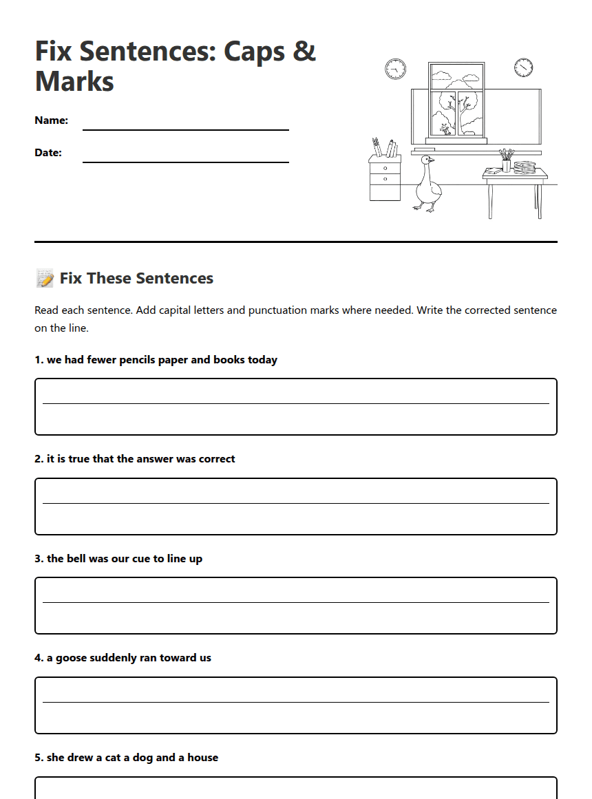 Fix Sentences: Caps & Marks worksheet preview