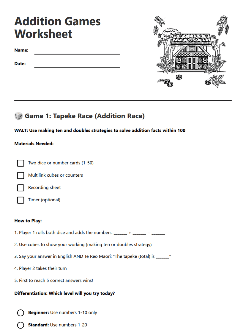 Addition Games Worksheet