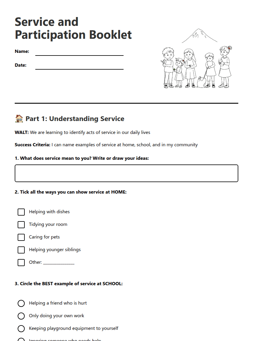 Service and Participation Booklet worksheet preview