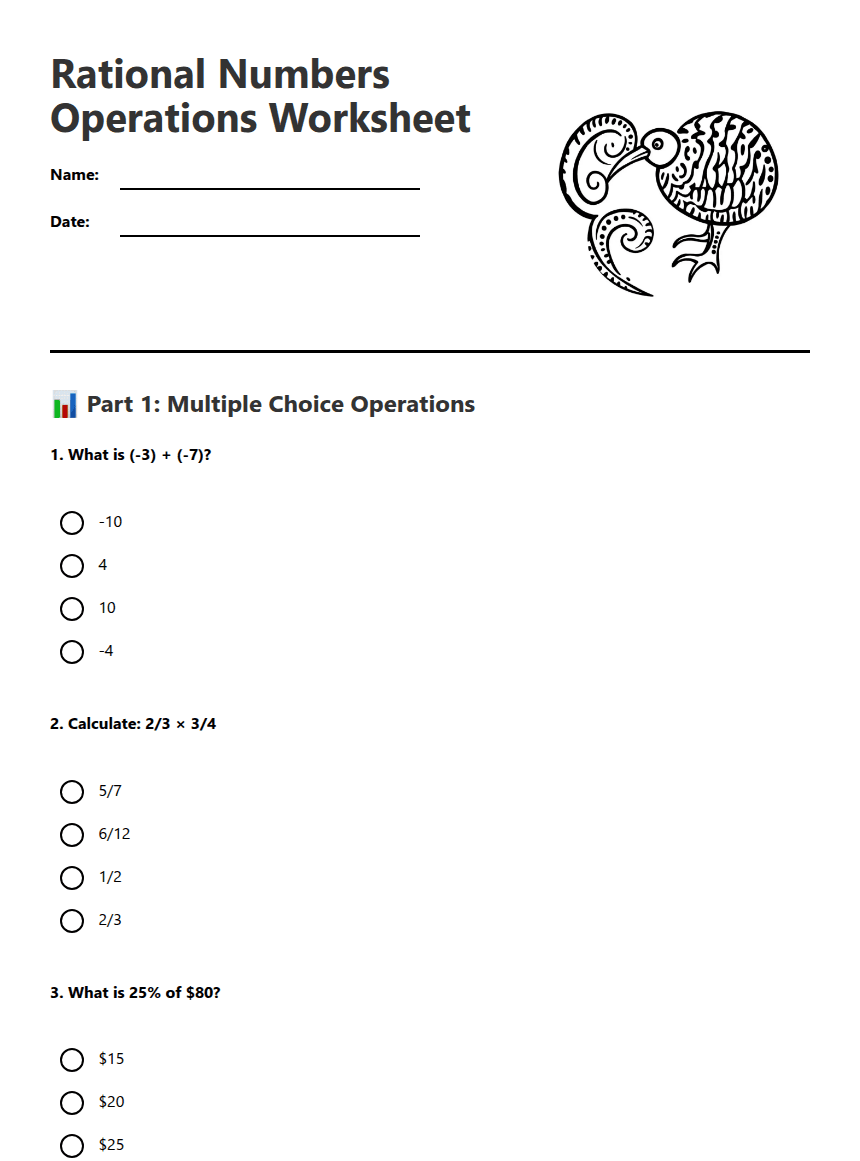 Rational Numbers Operations Worksheet worksheet preview