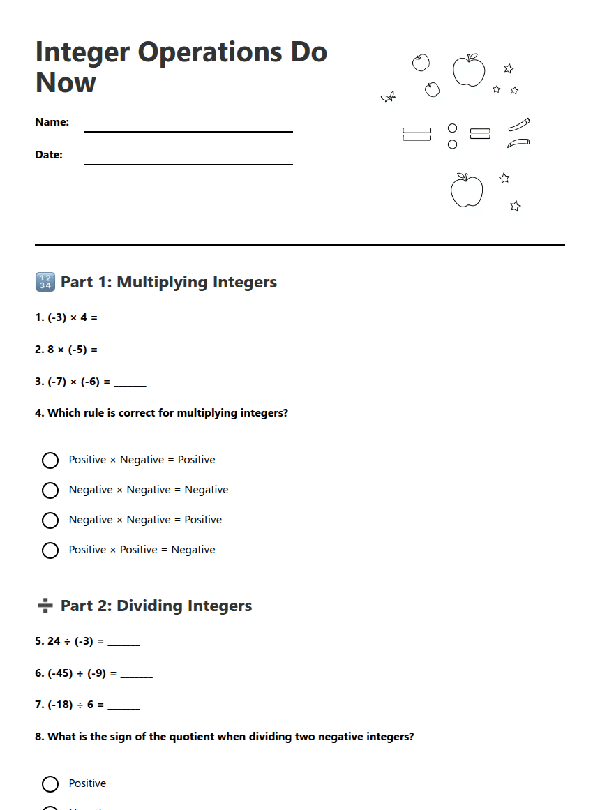 Integer Operations Do Now worksheet preview