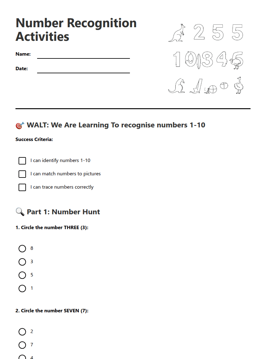 Number Recognition Activities worksheet preview