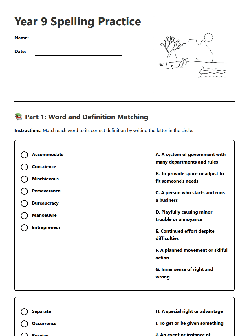 Year 9 Spelling Practice worksheet preview