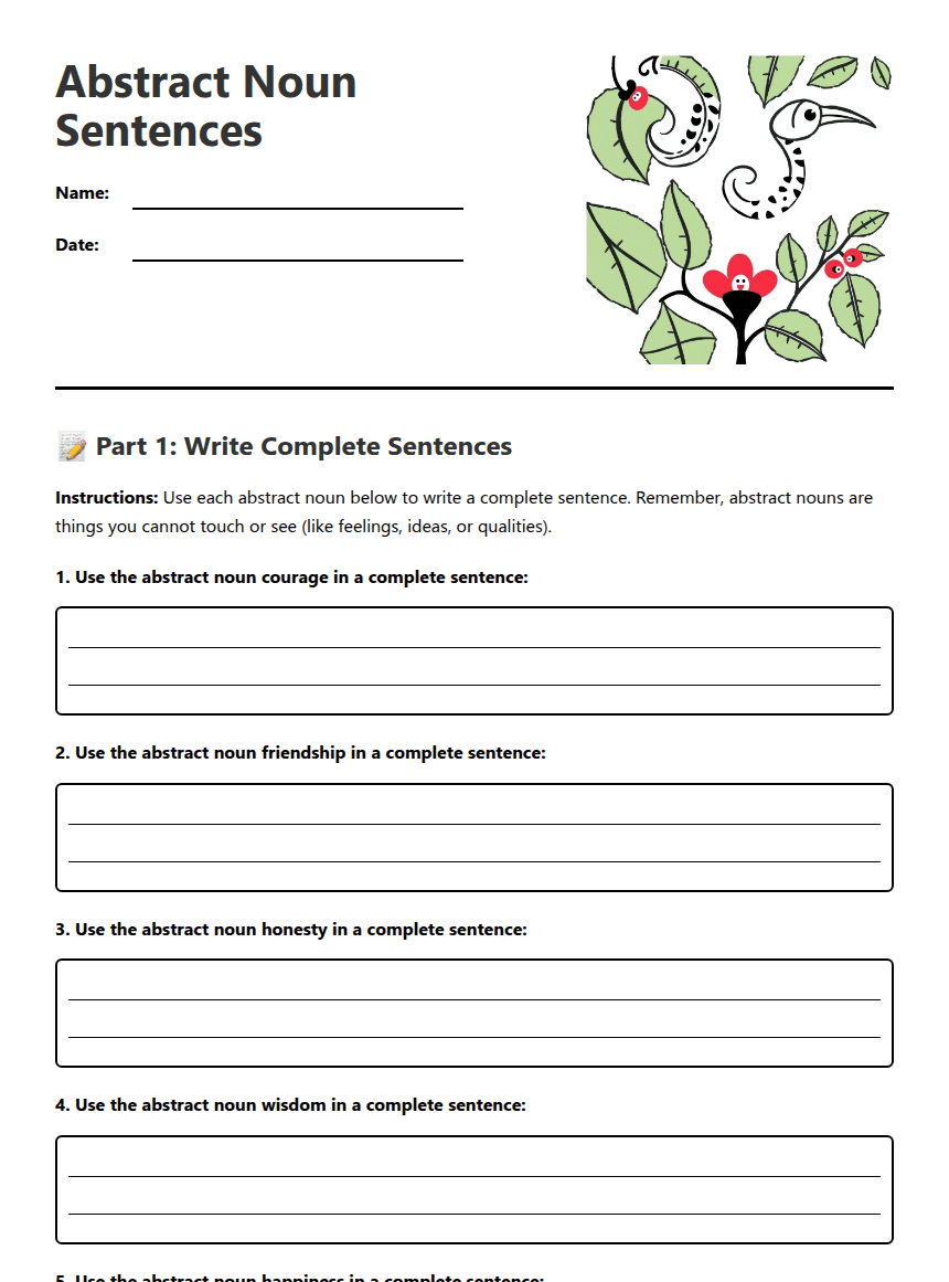 Abstract Noun Sentences worksheet preview