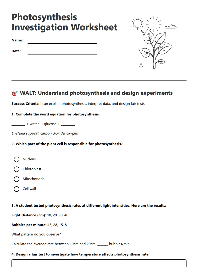 Photosynthesis Investigation Worksheet