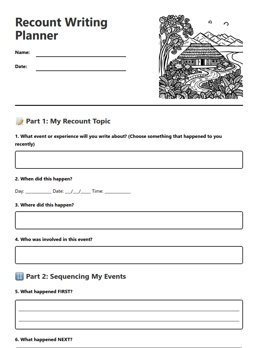Recount Writing Planner worksheet preview