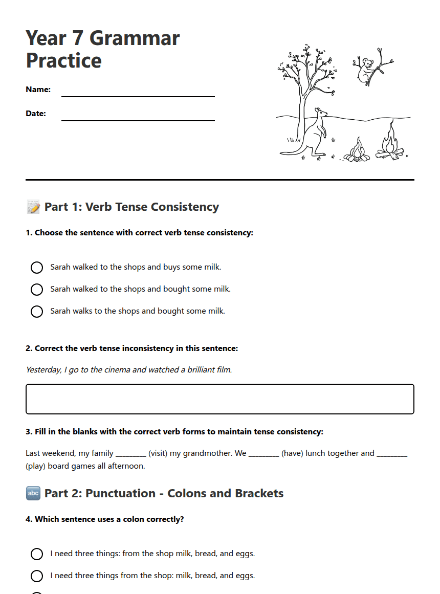 Year 7 Grammar Practice worksheet preview