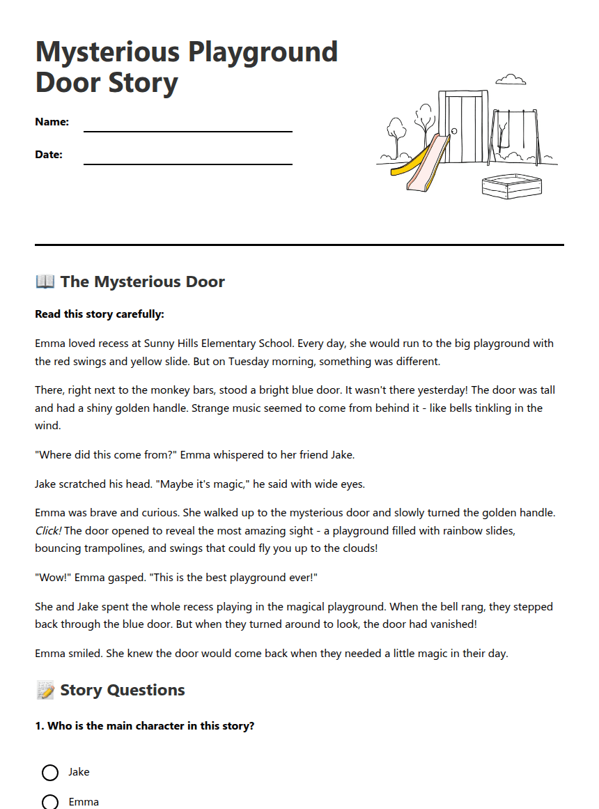 Mysterious Playground Door Story worksheet preview