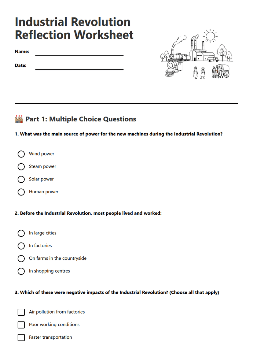 Industrial Revolution Reflection Worksheet