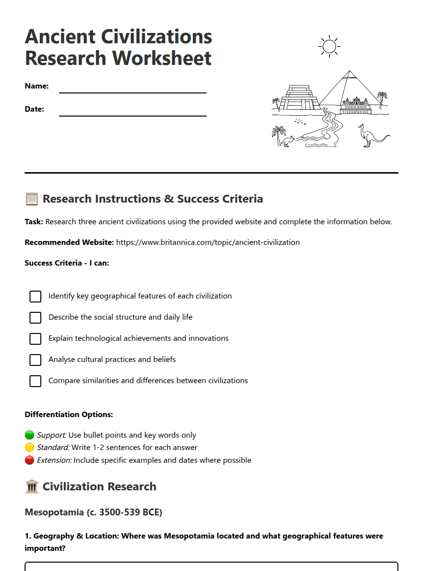 Ancient Civilizations Research Worksheet worksheet preview