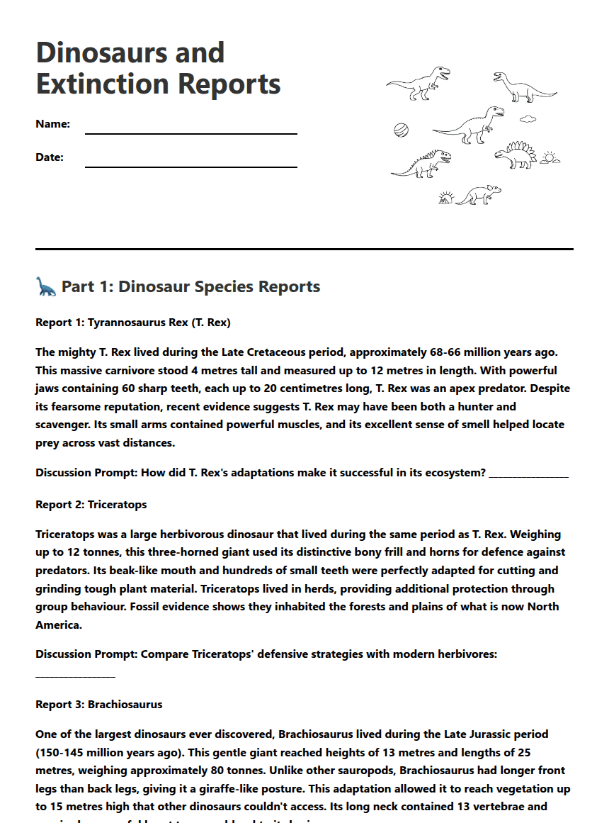 Dinosaurs and Extinction Reports worksheet preview