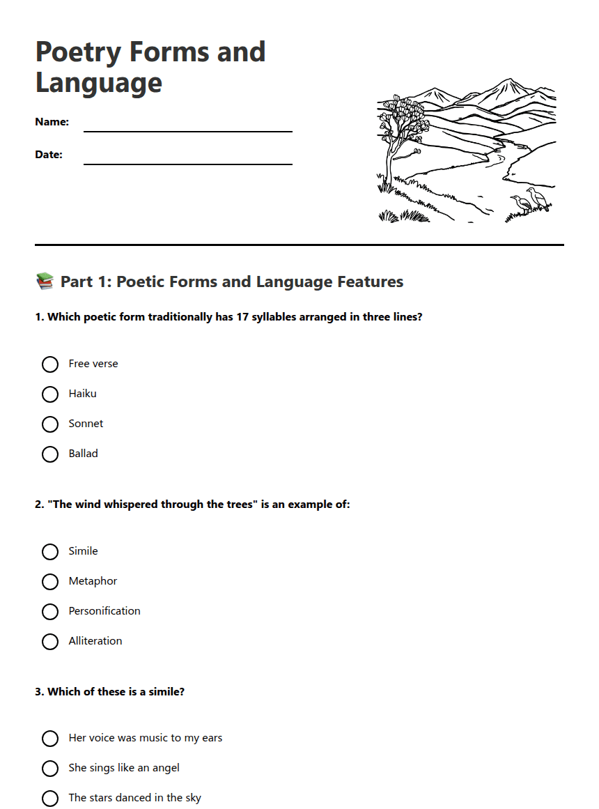 Poetry Forms and Language worksheet preview