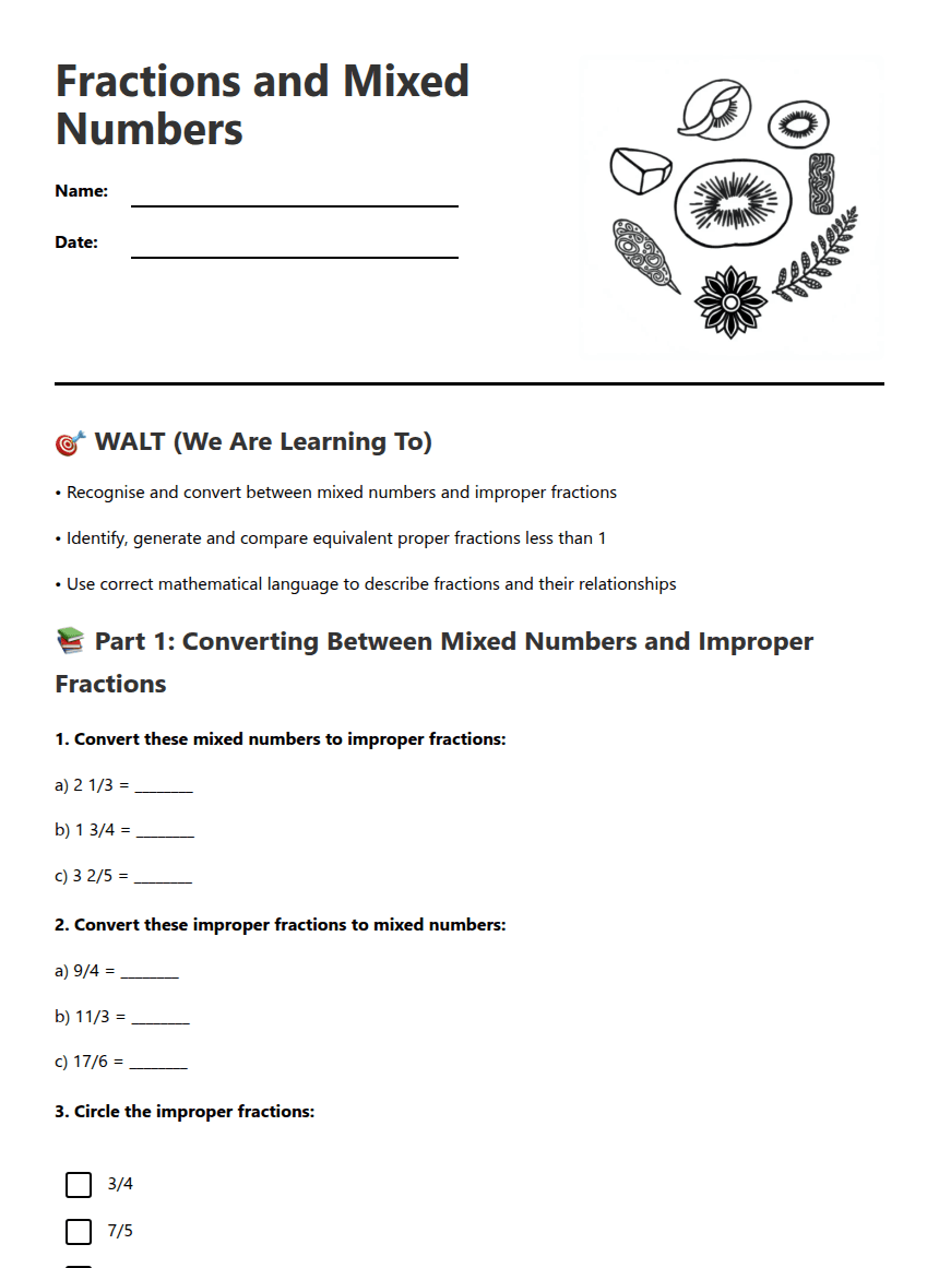 Fractions and Mixed Numbers worksheet preview