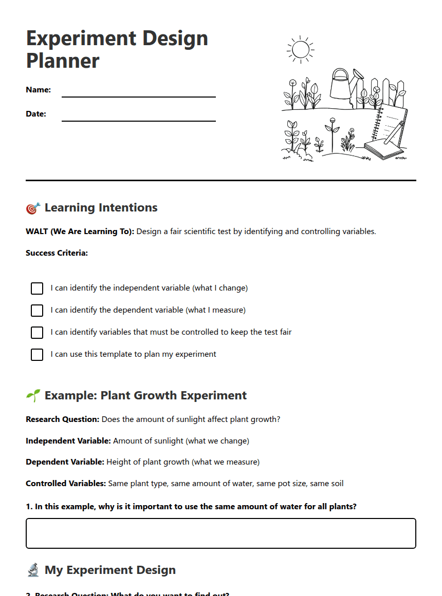 Experiment Design Planner worksheet preview