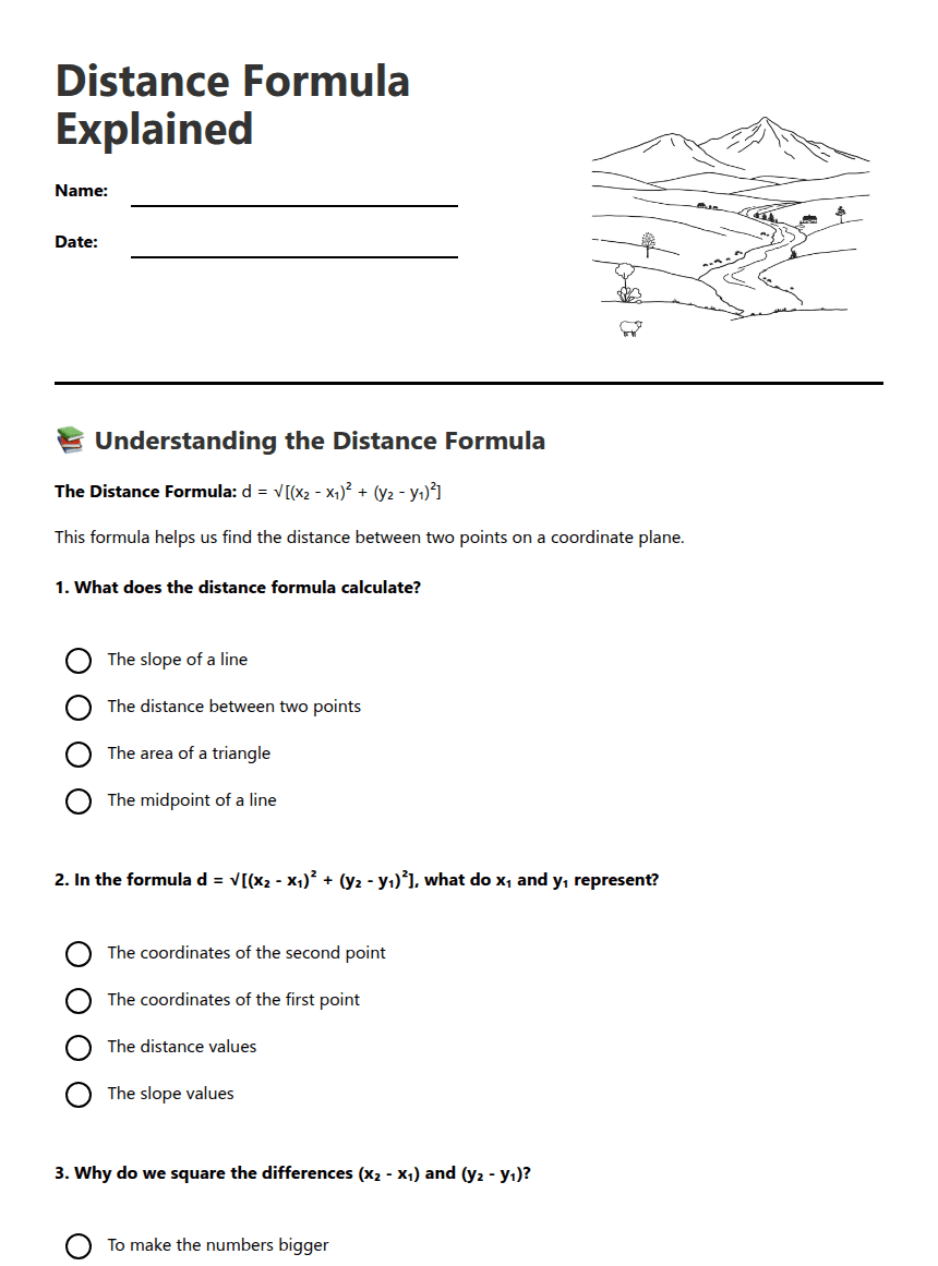 Distance Formula Explained worksheet preview