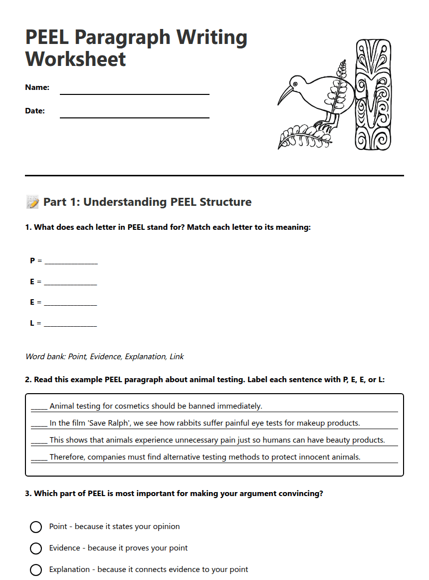 PEEL Paragraph Writing Worksheet worksheet preview