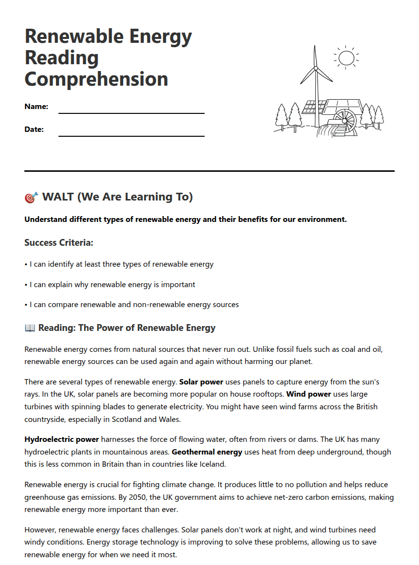 Renewable Energy Reading Comprehension worksheet preview