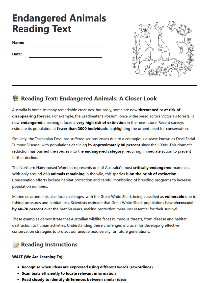 Endangered Animals Reading Text
